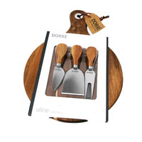 Dorre Juustotarjoitin - Tyylikäs ja kestävä keittiötarvike lahjapakkauksessa, sisältää pyöreän akaasiapuun tarjottimen ja kolme juustoveistä.