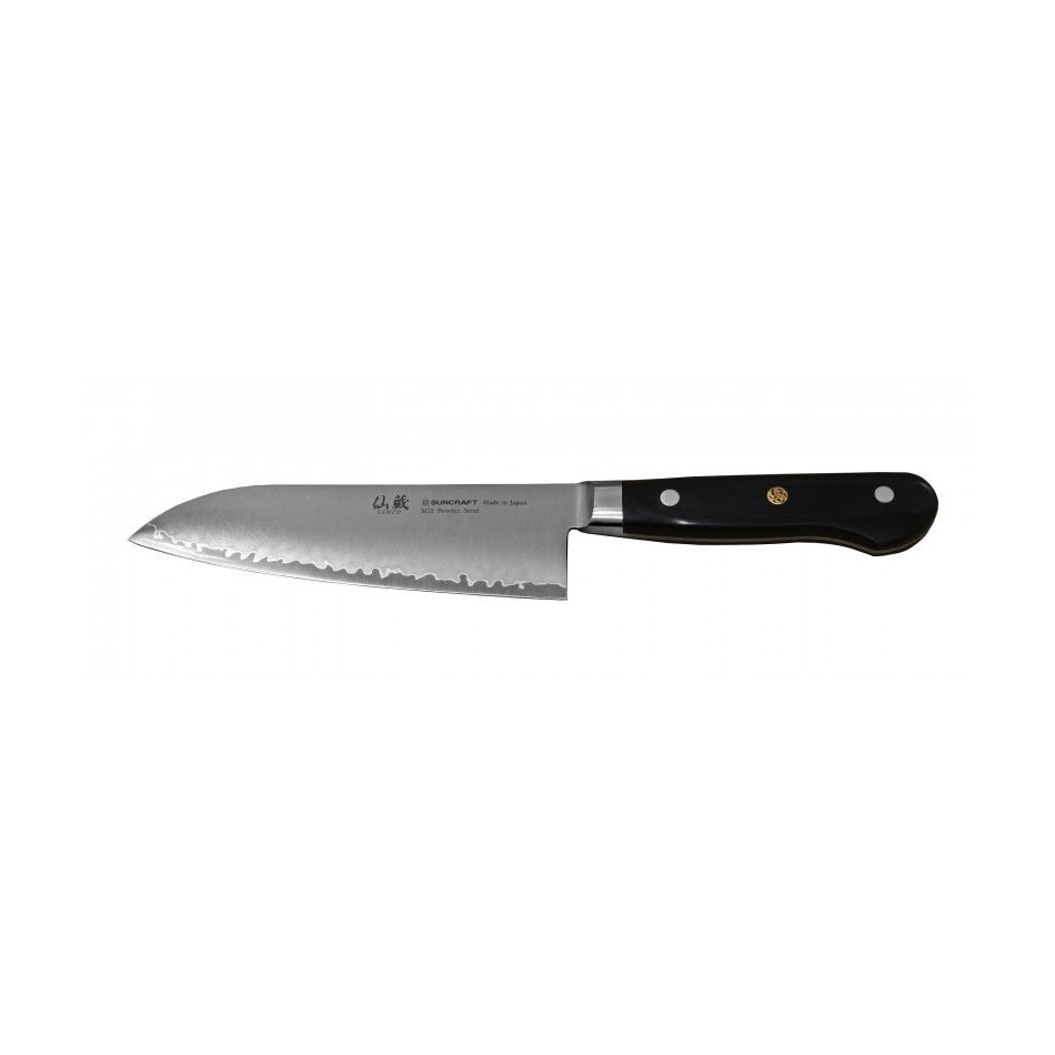 Suncraft Senzo Pro Santoku 16.5 cm veitsi, japanilainen kokkiveitsi, jossa aaltoileva terä ja kestävä puukahva kolmella niitillä.