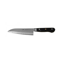 Suncraft Senzo Pro Santoku 16.5 cm veitsi, japanilainen kokkiveitsi, jossa aaltoileva terä ja kestävä puukahva kolmella niitillä.