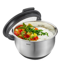 Gefu vatkauskulho kannella, 0,6L, ruostumatonta terästä. Silikonipohja ja mitta-asteikko, sopii ruoan säilytykseen ja valmistukseen.