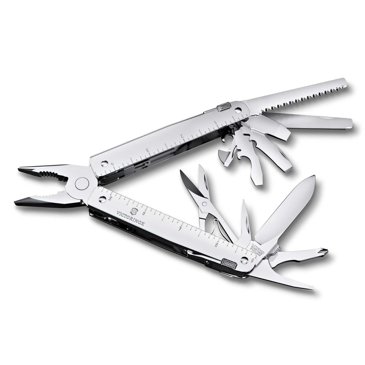 Victorinox Swiss Tool MX - Monitoimityökalu yhdellä kädellä, kaksi työkalua avattuna näyttäen sahan, sakset ja veitsen. Erinomainen lahjavalinta.
