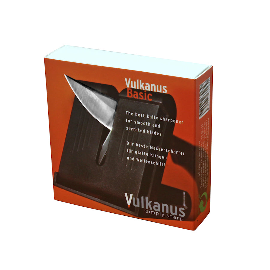 VulkanUS Basic Musta veitsenteroitin pakkauksessa, kompakti käsiteroitin sileille ja sahalaitaisille terille retki- ja kotikäyttöön.