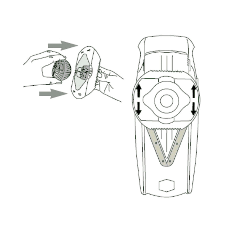 Börner Turvapidike mandoliiniin - Turvapito | Sormisuoja valkoinen, yhteensopiva V1, V3 ja V6 mandoliinien kanssa. Kuvassa käyttöohje ja pidike mandoliinileikkurissa.