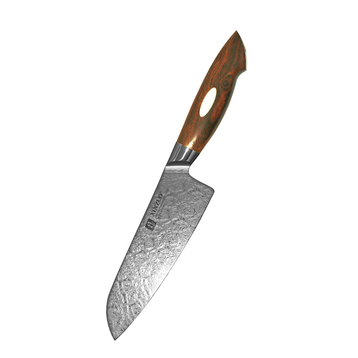XINZUO Jiang Damaskus Santokuveitsi, 18 cm, koristeellisella terällä ja ergonomisella puukahvalla keittiöveitsien valikoimassa.
